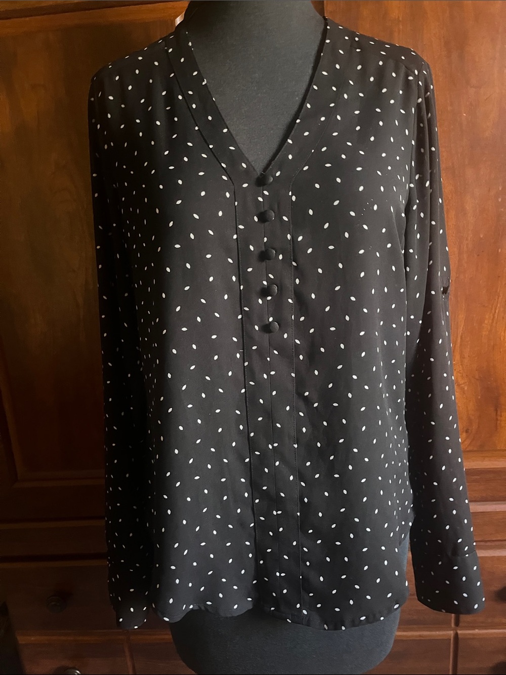 Express Black Polka Dot V-Neck Button Blouse